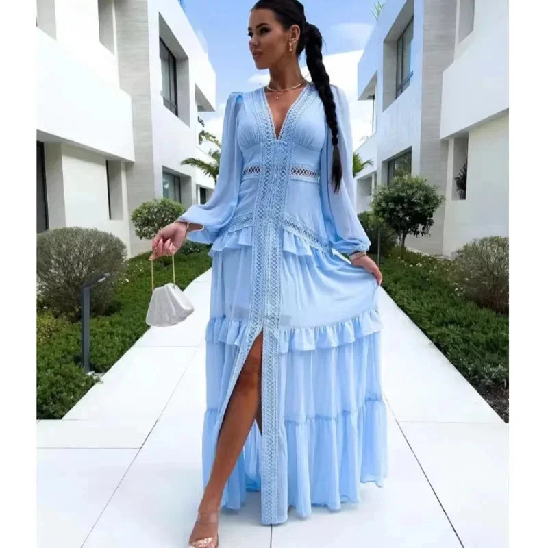 Elegant Hollow Lace  Patchwork Ruffle Deep V Neck Lantern Sleeves Maxi Dresses
