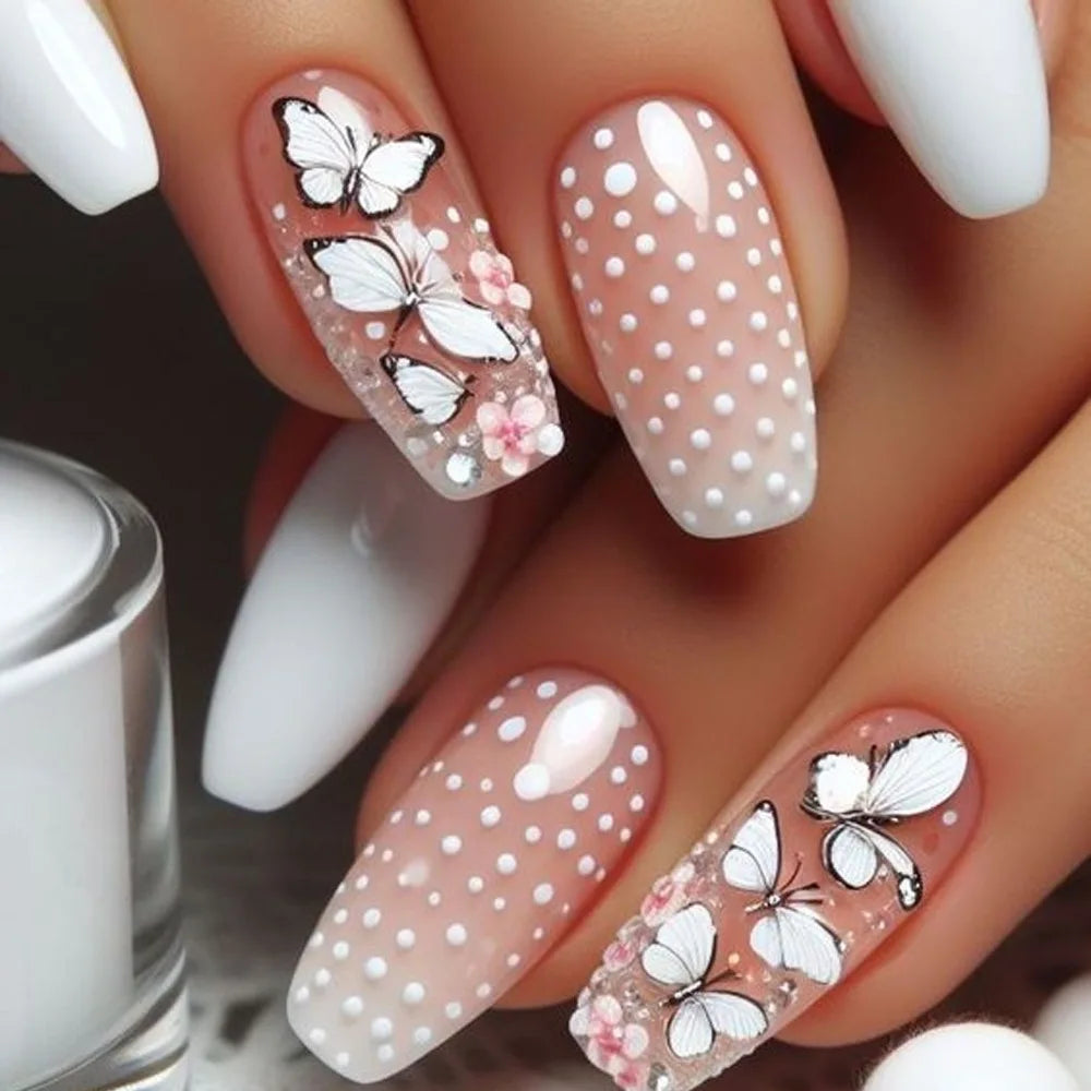 24pcs Mid-length  Flower Design Stick on Fake Nail