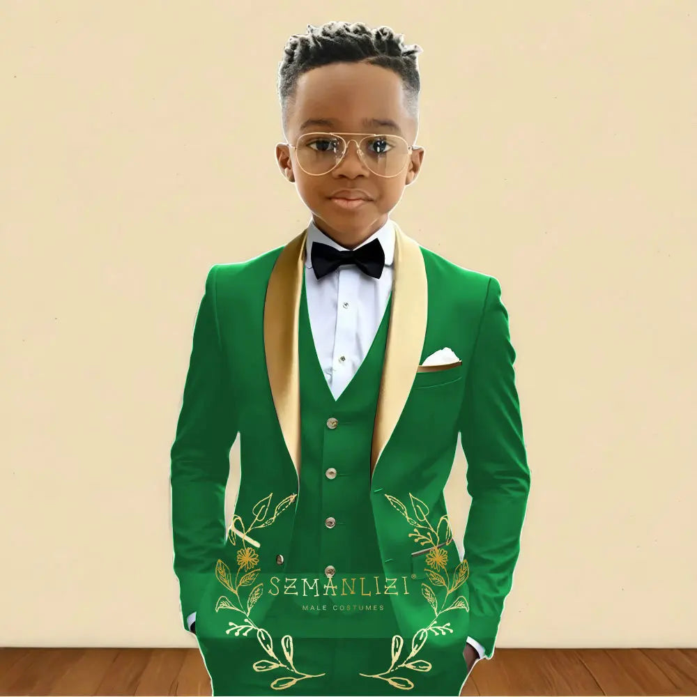 3‑Piece Boys Wedding Suit with Gold Shawl Lapel (2–16 Years)