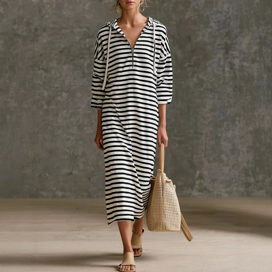 Autumn Striped Hooded Maxi Dress