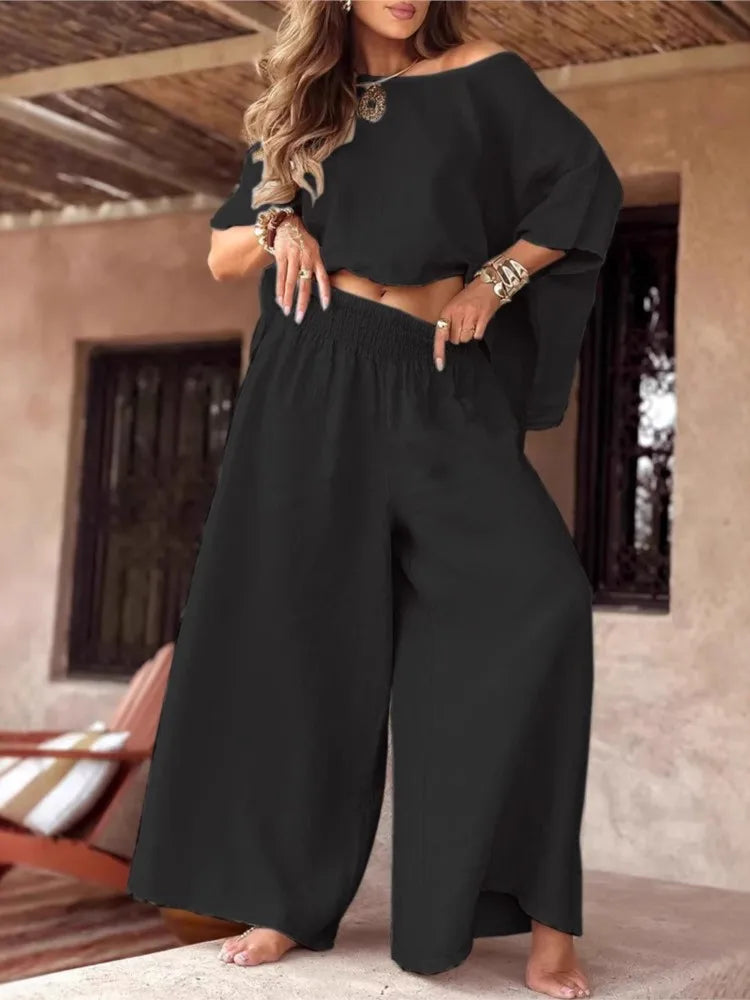 Lady Fashion 2‑Piece Off‑Shoulder Wide Leg Set