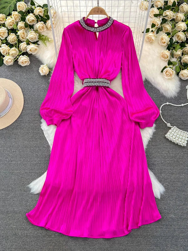Diamond Pleated High Waist Stand Collar Long Sleeve A-line Dresses