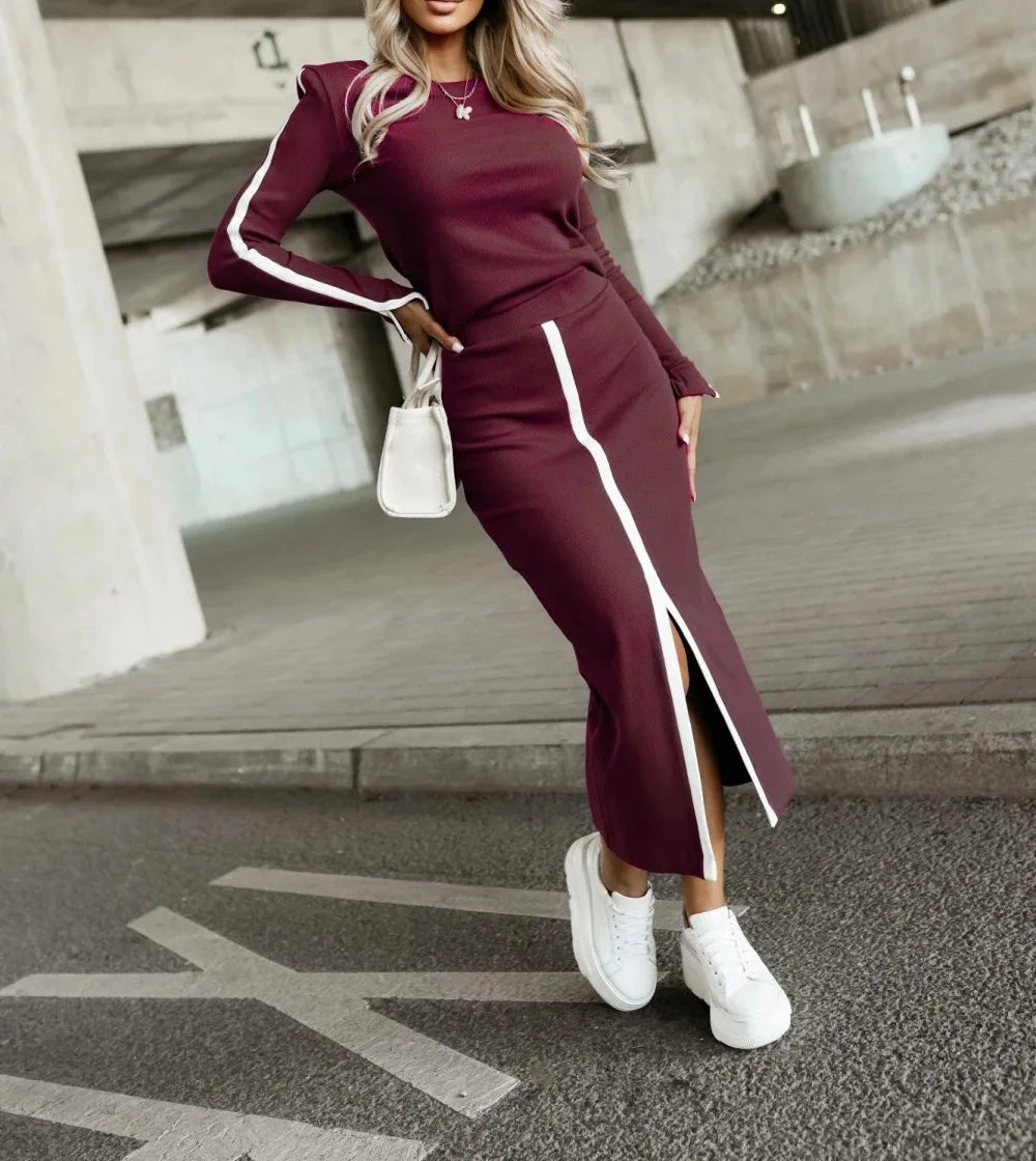 2025 Spring Autumn  Elegant Sexy High Slit Skirts Long Sleeve Matching Sets