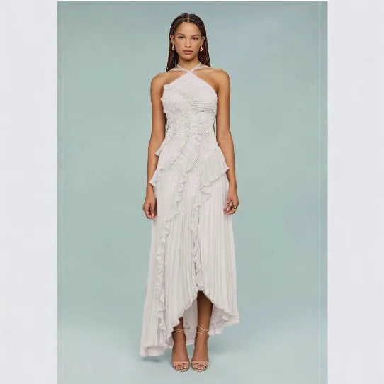 Chic Pleated Halter Neck Long Vacation Dress
