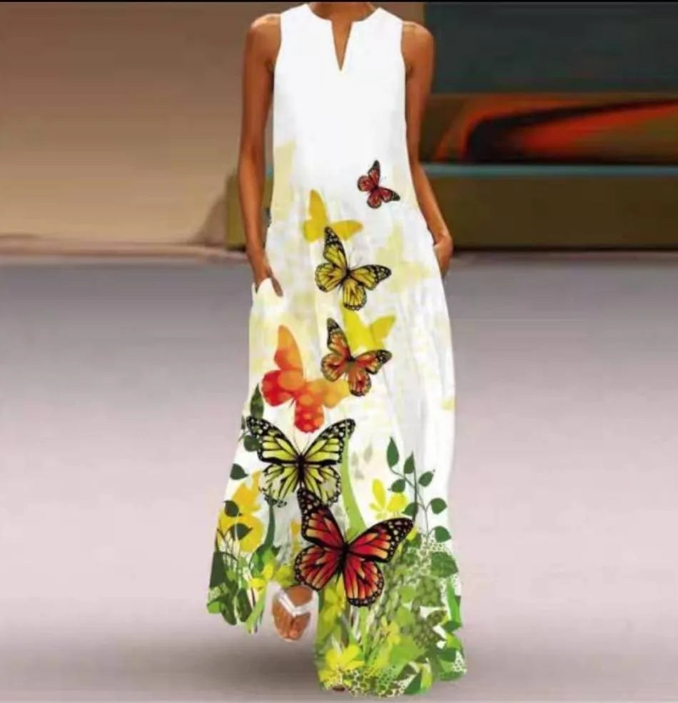 Summer Dress Sleeveless V Neck Floral Letter Print Maxi Long Dresses