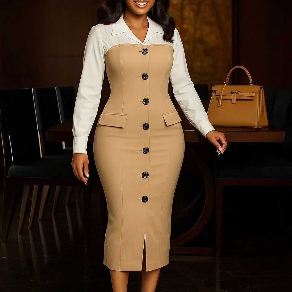 Autumn Winter Fashion Long-Sleeved Suit Collar Patchwork Pencil Skirt Dress