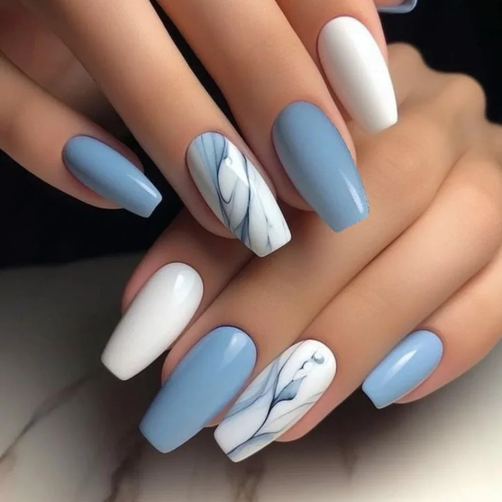 24pcs Mid-length  Flower Design Stick on Fake Nail