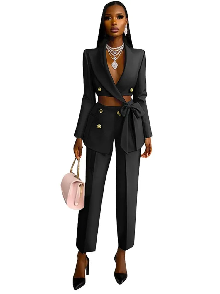 Sexy Waist Cut-Out Blazer &amp; Pants 2‑Piece Set