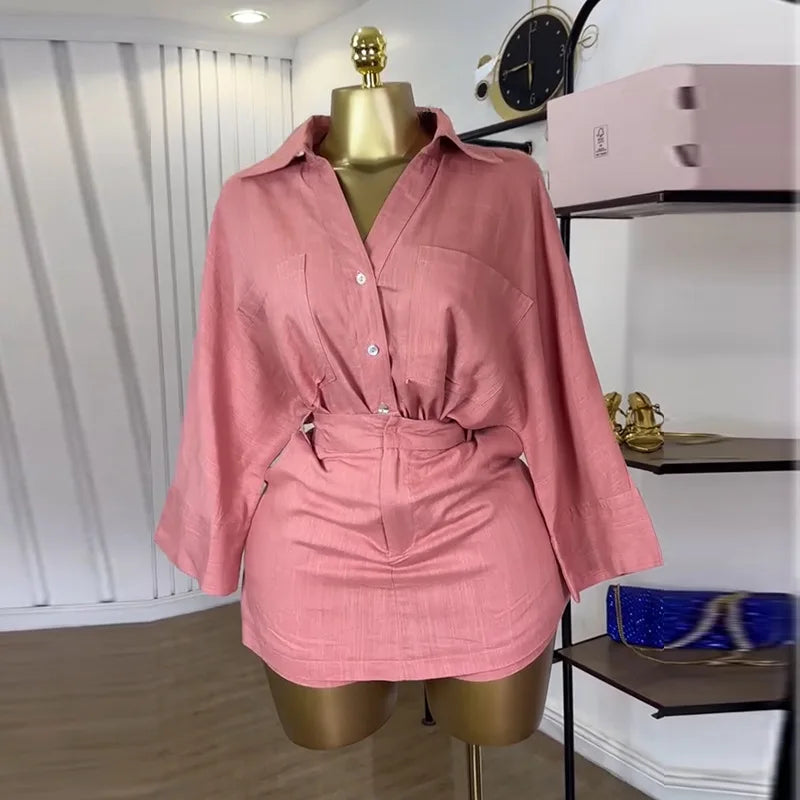 Full Sleeve Turn-down Collar T-shirt and Shorts 2 Piece Sets