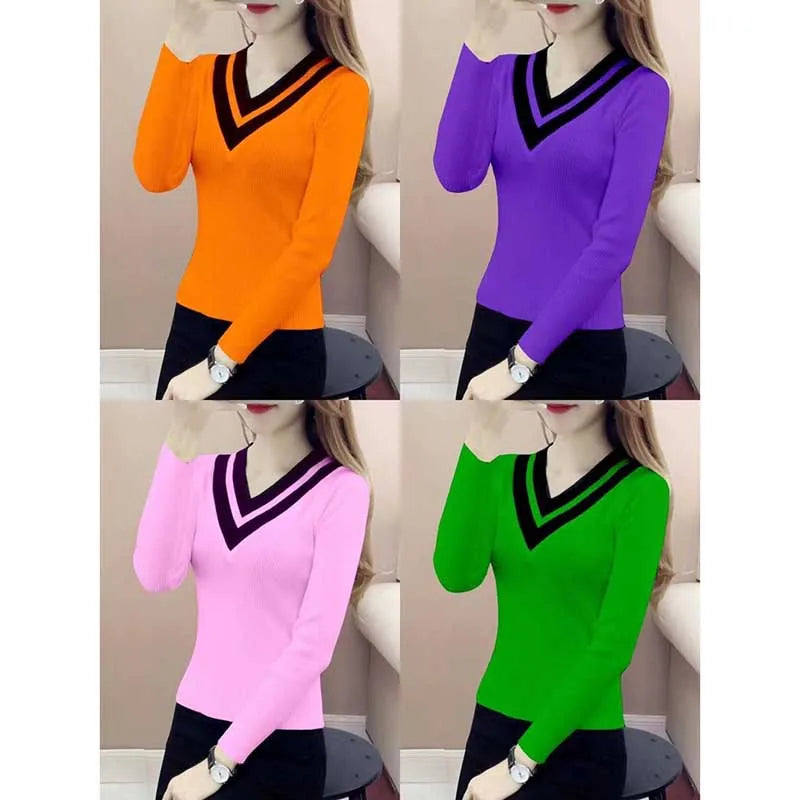 Elegant V-Neck Spliced All-match Sweaters