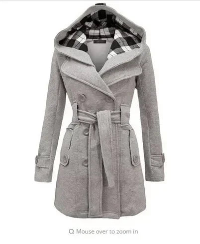 2026 Autumn Hooded  Double-Breasted Design Belt Side Pockets Plaid Splice Woolen Coats