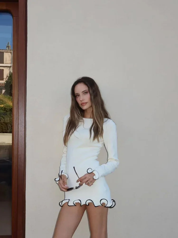 Autumn Long Sleeve Ruffled Knit Black Mini Dress