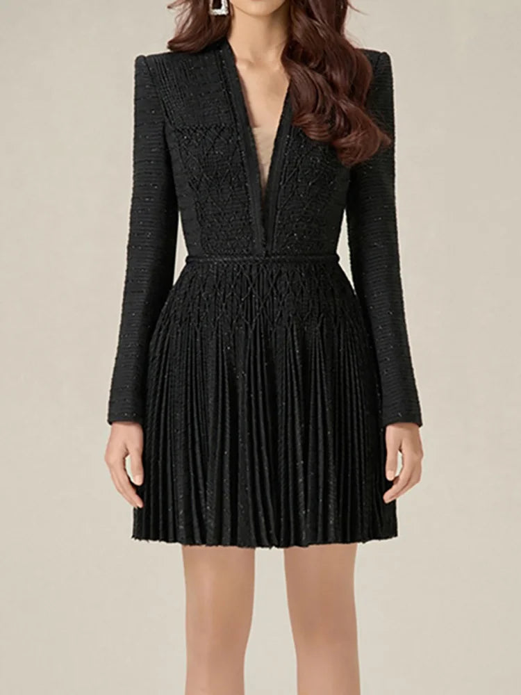 Deep V-neck Long Sleeve High Waist Pleated Braid Broad Shoulder Dresses