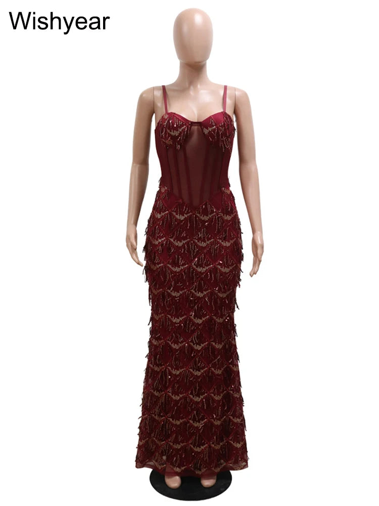 Sequined Spaghetti Strap Mesh Patchwork Bodycon Dress