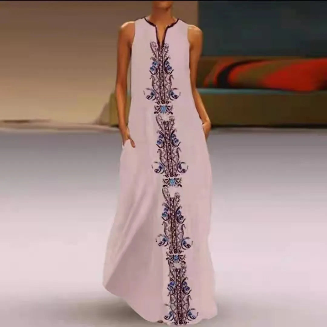 Summer Dress Sleeveless V Neck Floral Letter Print Maxi Long Dresses