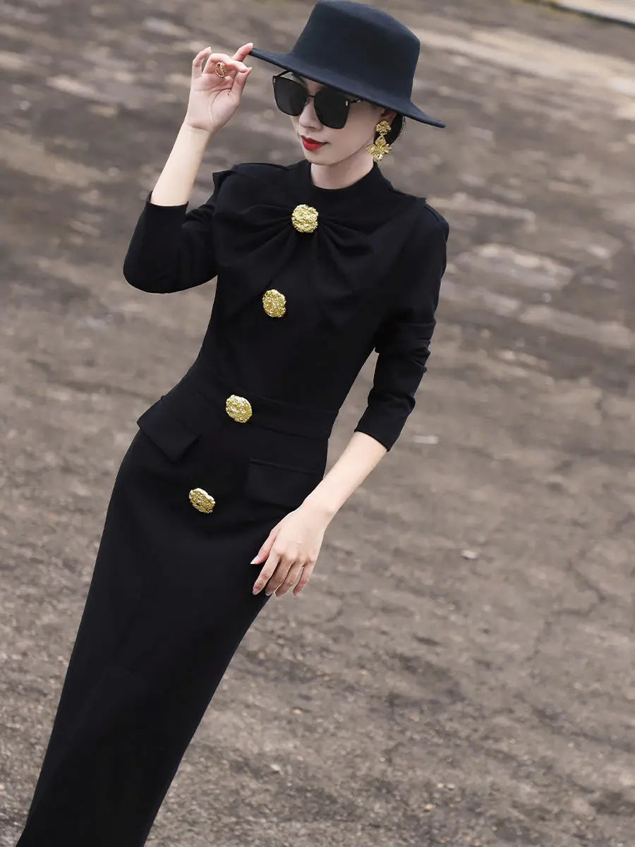 High End Autumn New Style Elegant Socialite Bow Metal Buckle Slim Fit and Solid Color Hip Hugging Dress