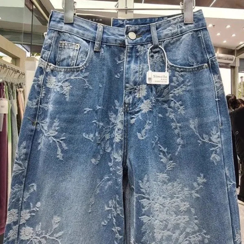 Korean Jacquard Wide-Leg Jeans