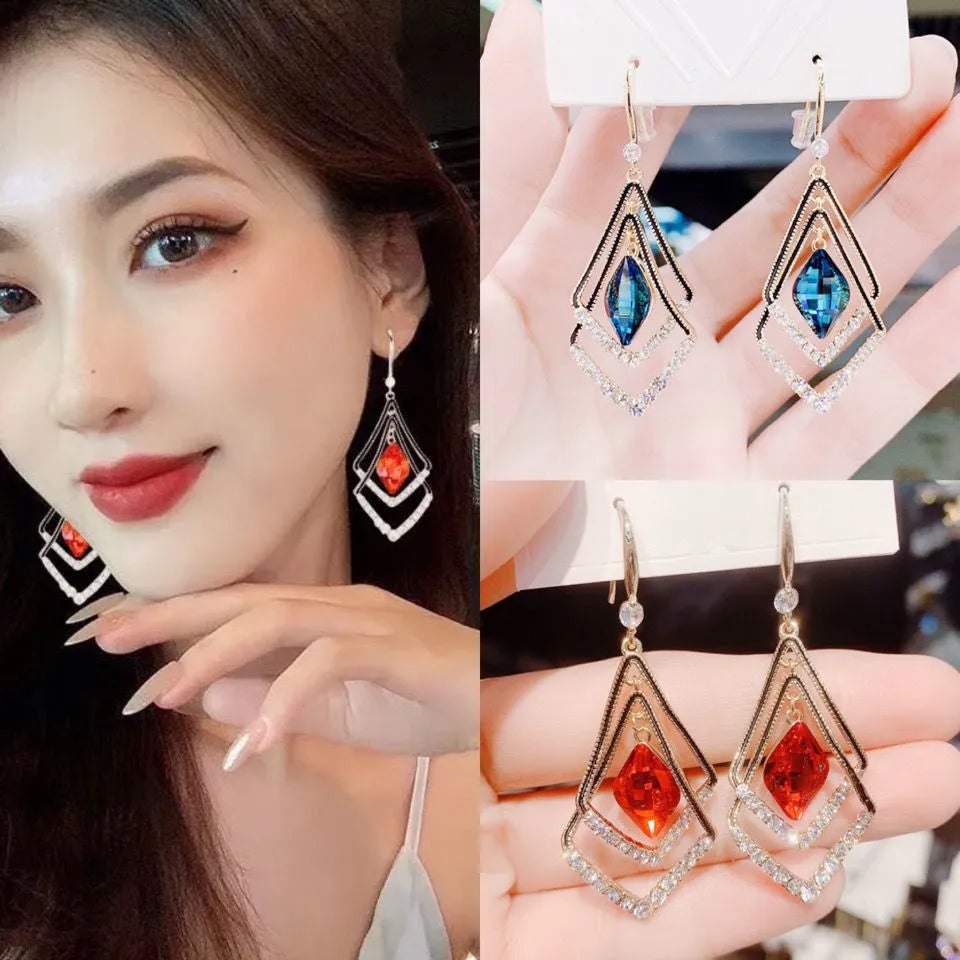 Trendy  Long Blue Crystal GeometryDangle Drop Earrings