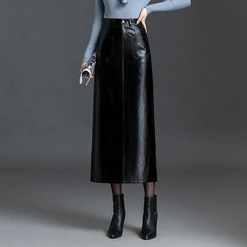 Autumn Winter High Waisted Slim Fit Bodycon PU Leather Skirt