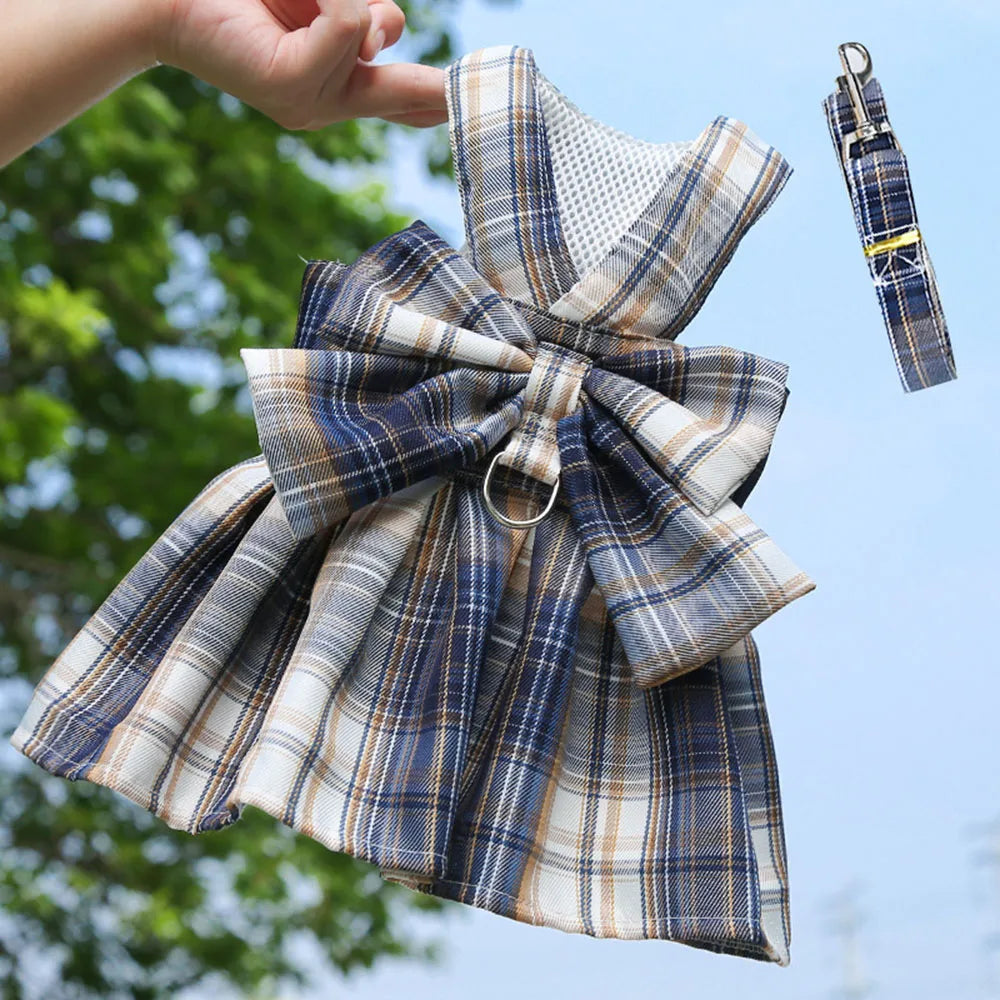Plaid Dog Dress Bow Tie Harness Leash Set for Small Dogs Cats