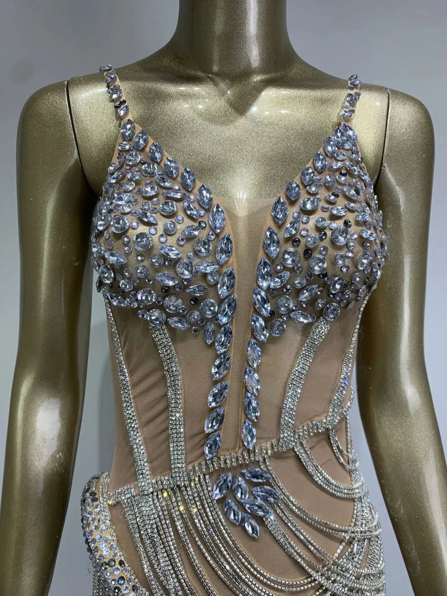 Sexy Strap V Neck Crystal Diamonds Mini Beige Mini Dress