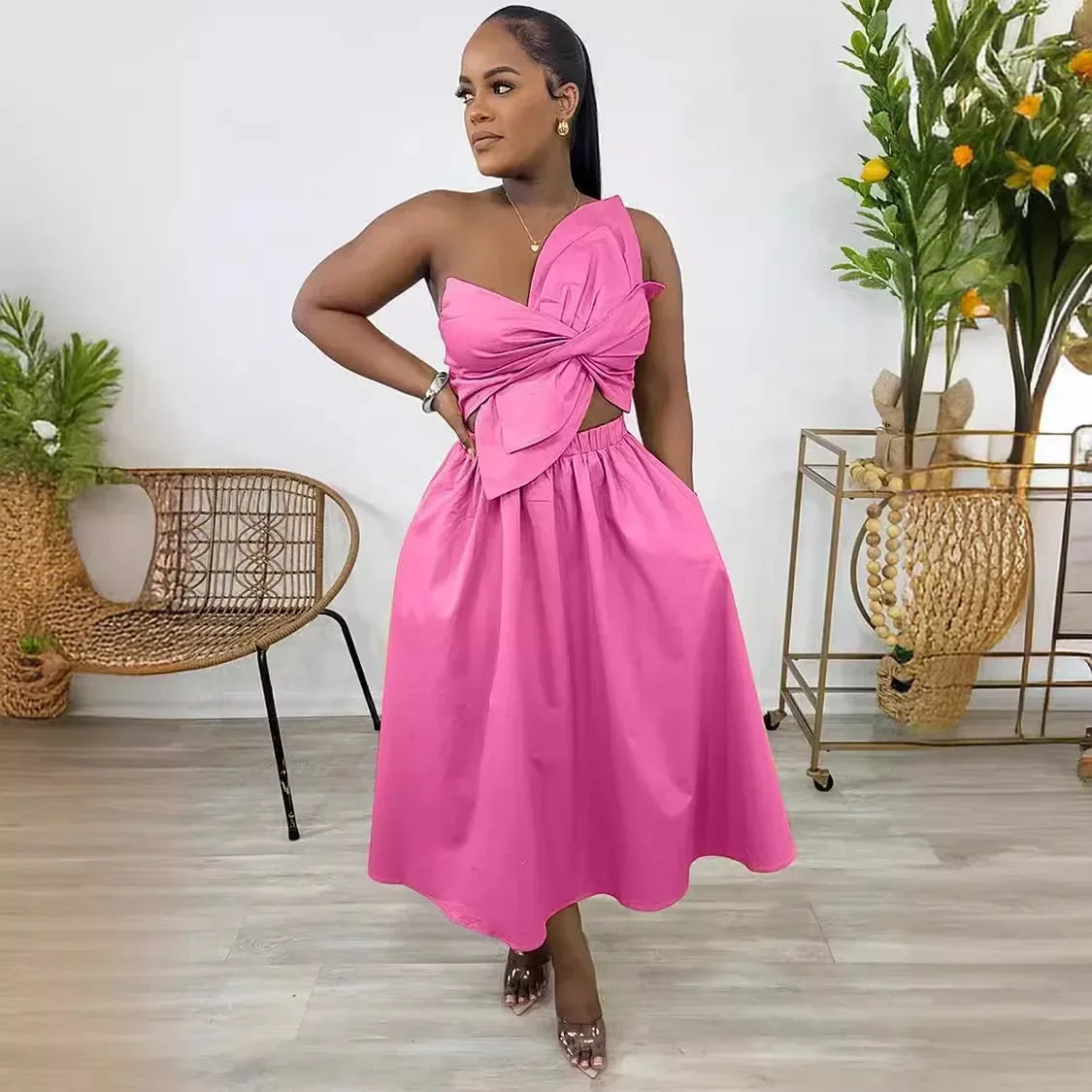Big Petal Front Strapless Midi Long Dress