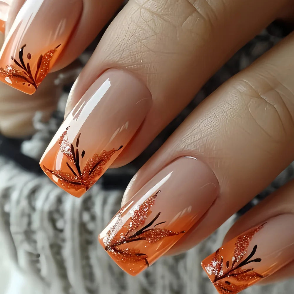 24Pcs Mid-length Square Press-On Nails with Golden Butterfly Design