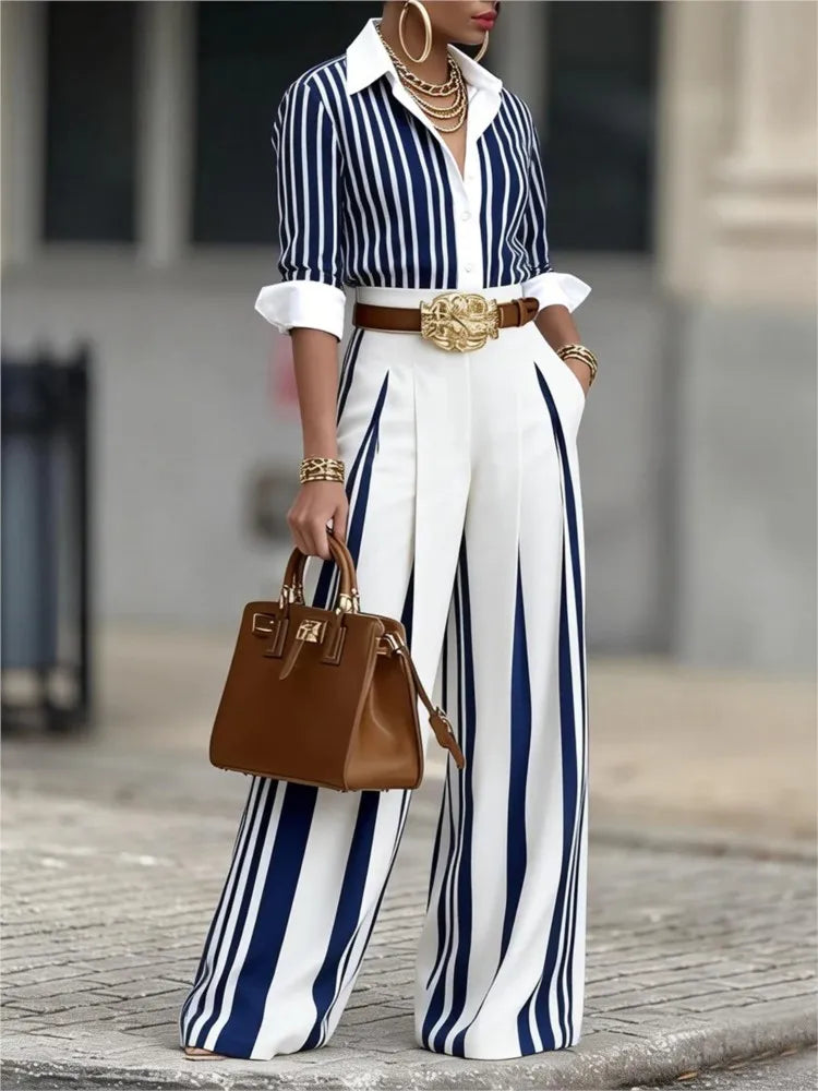 Spring & Autumn Striped 2‑Piece Office Set – Long Sleeve Shirt & Wide Leg Pants with Belt