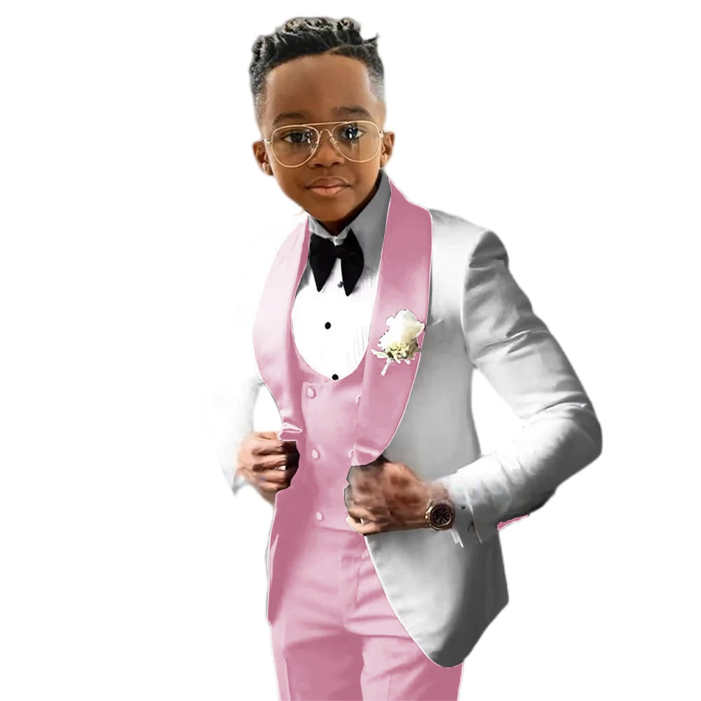 Suit for Boys Wedding Tuxedo – 3 Piece White Jacket, Royal Blue Pants &amp; Vest | Slim Fit Tailored Kids Blazer Set