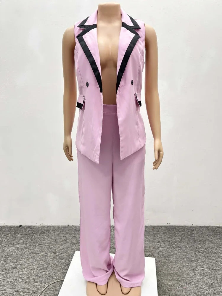 Elegant Color Blocking Sleeveless Vest Wide Leg Trousers 2-Piece Set