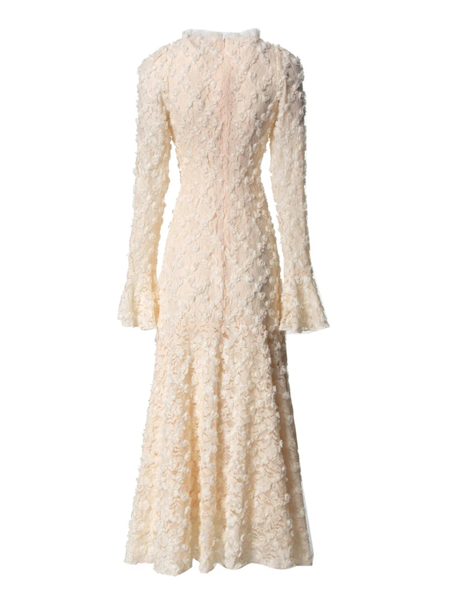 Solid Spliced Button O Neck Long Sleeve High Waist  Dress F