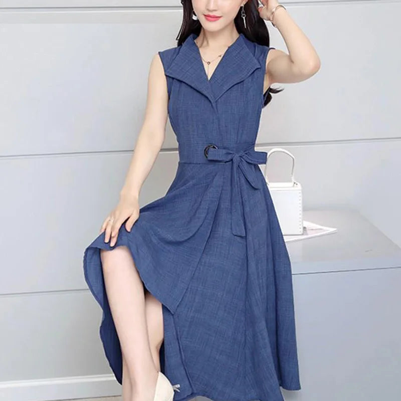 Elegant Solid Color Spliced Loose Bandage Bow Sleeveless Dress