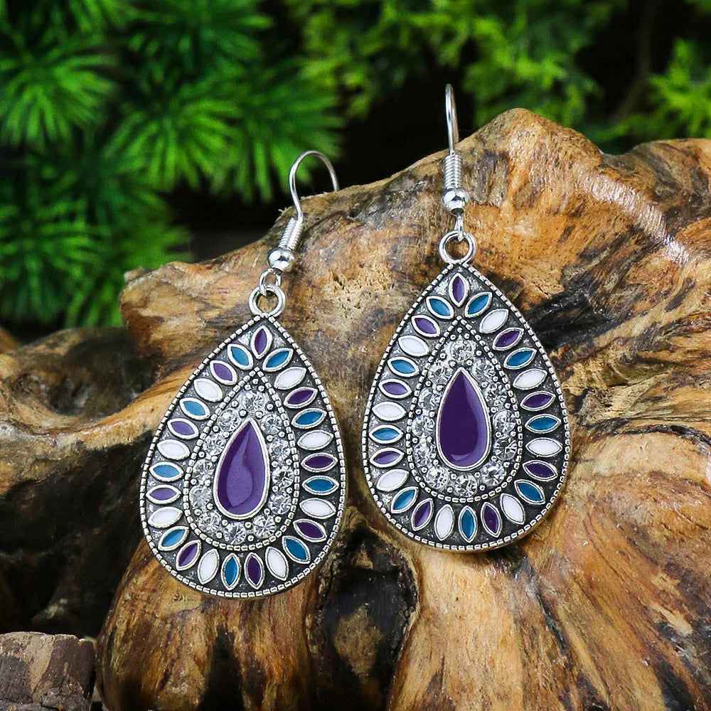 Bohemian Turquoise Vintage Geometric Drop Earrings – Alloy Oil Drop Round Stone Design