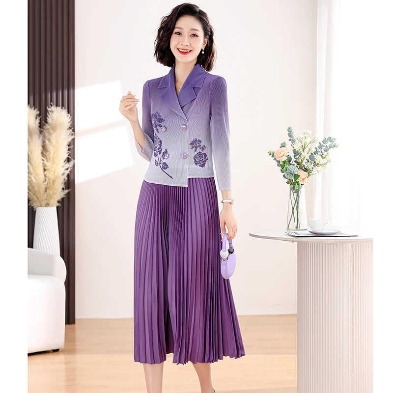 Spring New Suit Collar Flower Print Temperament Waist Wrap Gradient Fake Two Piece Pleated Dress