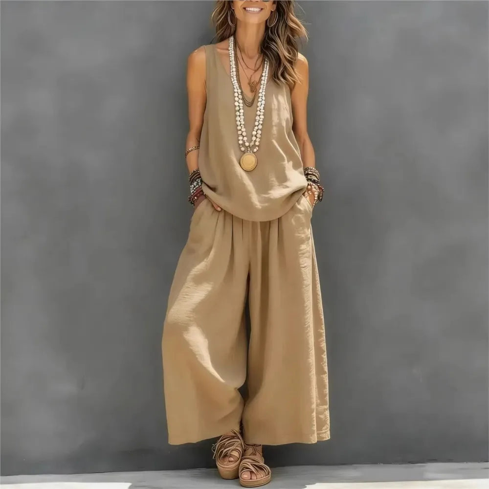 Casual Cotton Linen Vest Trousers 2-piece Summer New Fashion Loose Retro Simple Women's Vacation Wide-leg Trousers Set 2026