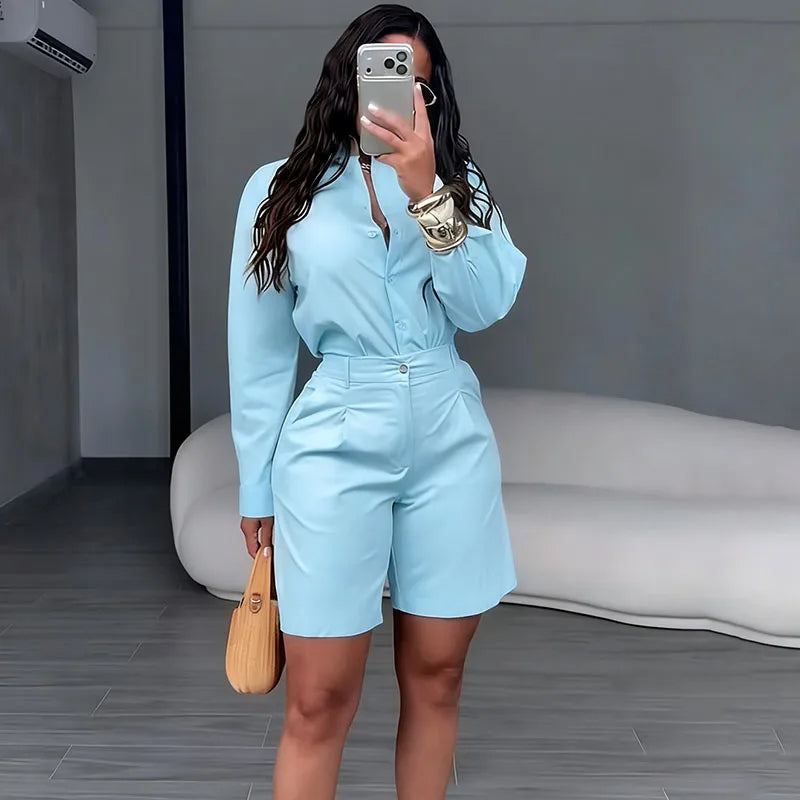 Solid Elegant Two‑Piece Set – Long Sleeve Shirt & Shorts Matching Outfit