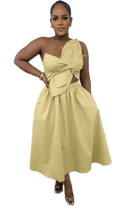 Big Petal Front Strapless Midi Long Dress