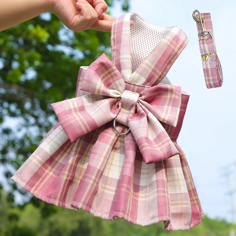 Plaid Dog Dress Bow Tie Harness Leash Set for Small Dogs Cats