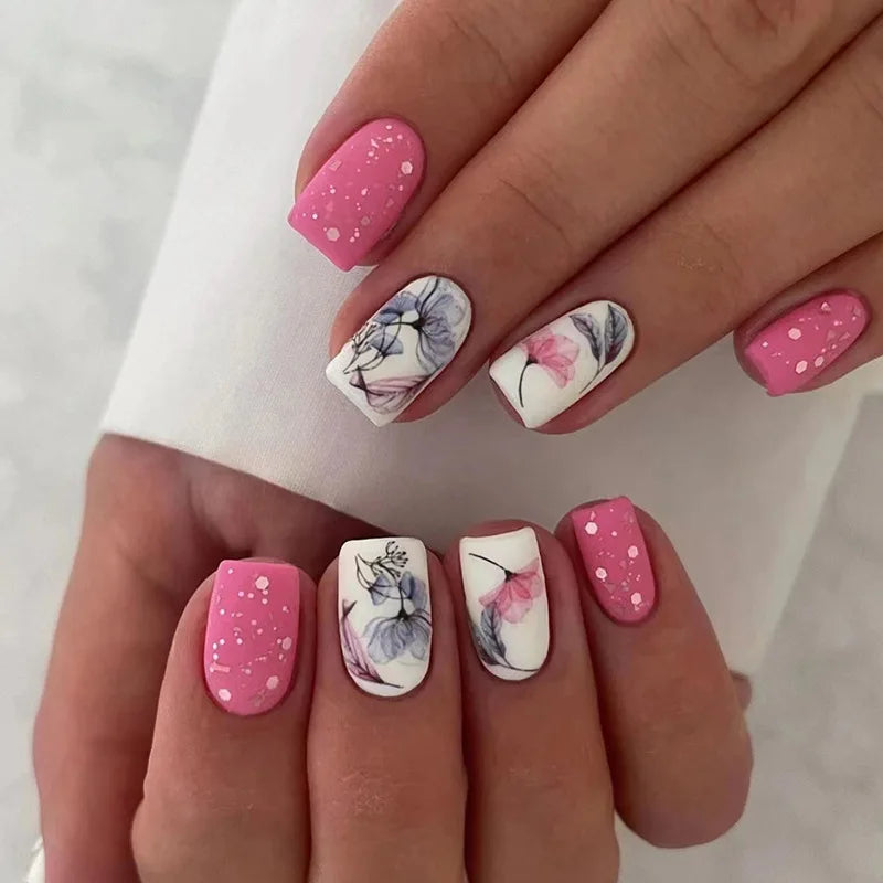 24Pcs Mid-length Square Press-On Nails with Golden Butterfly Design