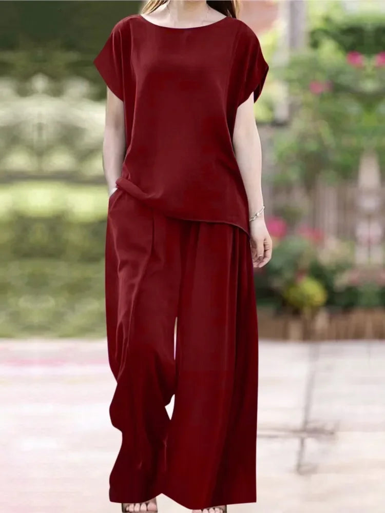 Retro Solid Color Loose Suit Short-sleeved Round Neck Casual Top Wide-leg Pants Sets