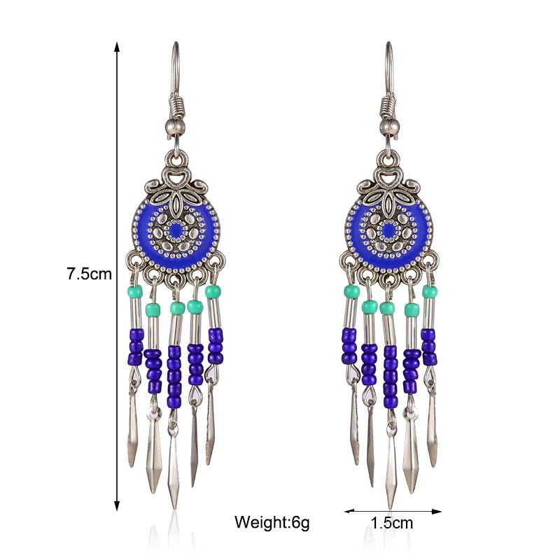 Bohemian Cute Drop Geometric Enamel Handmade Beads Tassel Vintage Boho Earrings