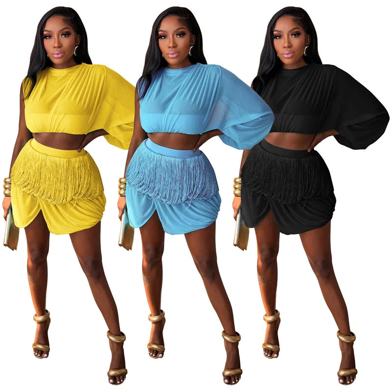 Sheer Mesh Tassel Birthday Outfit Set – Long Sleeve Crop Top &amp; Mini Skirt for Club, Party & Night Out
