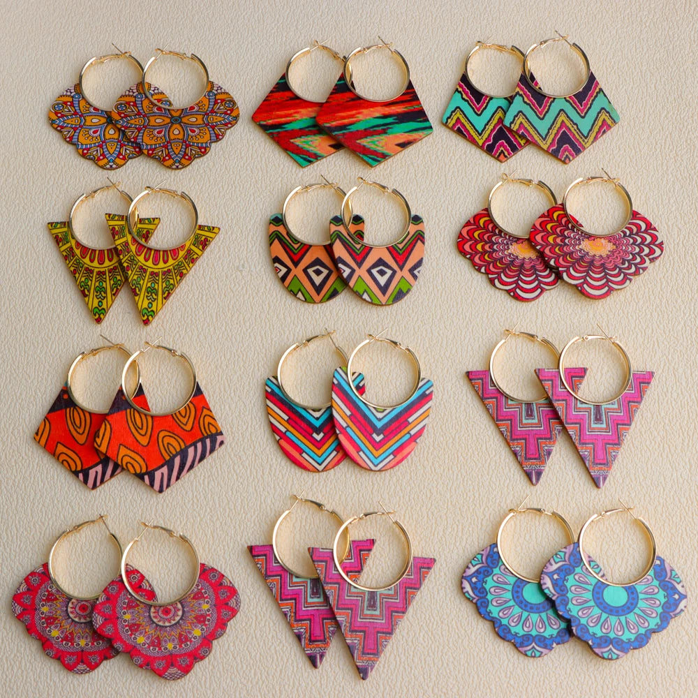 10 Pairs Boho Ethnic Print Wooden Earrings – Colorful Geometric Statement Set