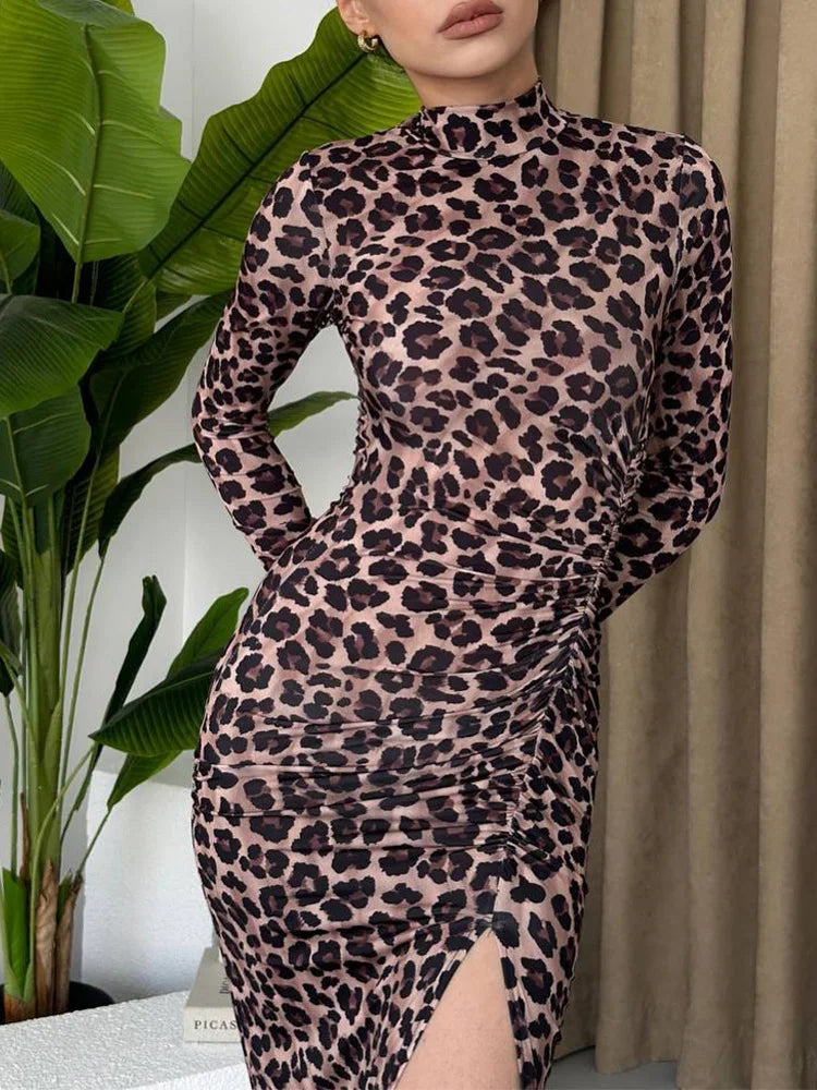 Half High Collar Leopard Print Sheath Dress