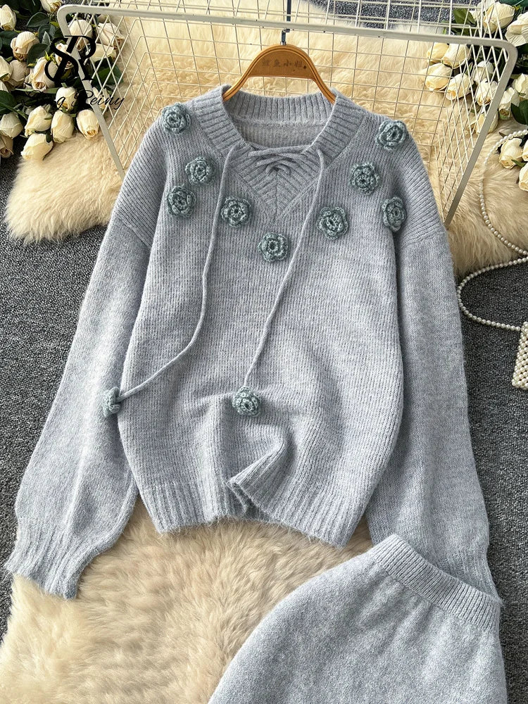 3D Floral Cashmere Loose Thick Sweater+Elastic Solid Long Skirts