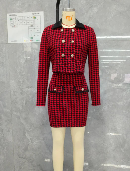 Red Houndstooth Printed Tight Fitting Dress Button Short Jacket