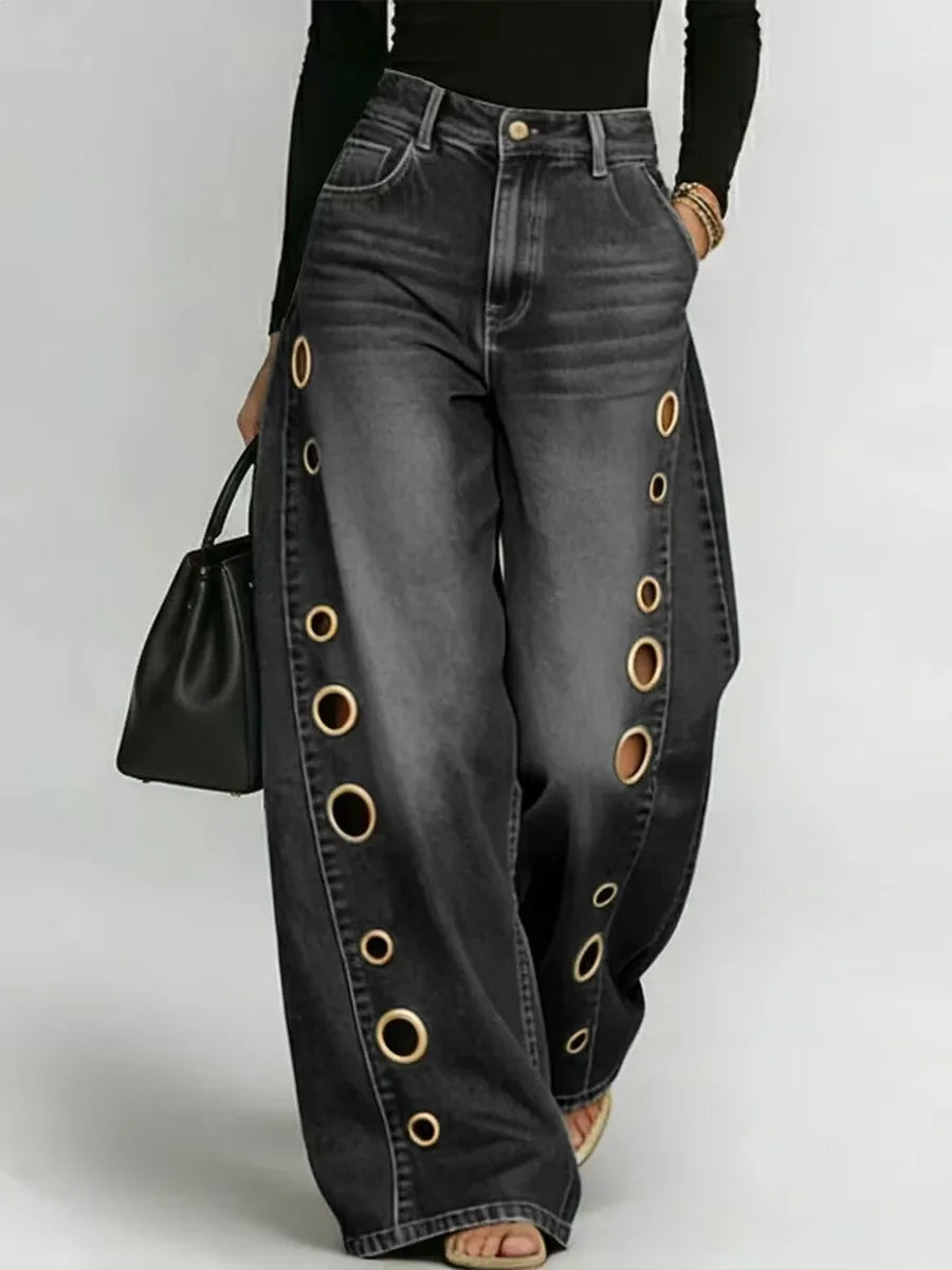 Vintage Y2K Wide Leg Jeans – Hollow Out Streetwear Pants for All Seasons
