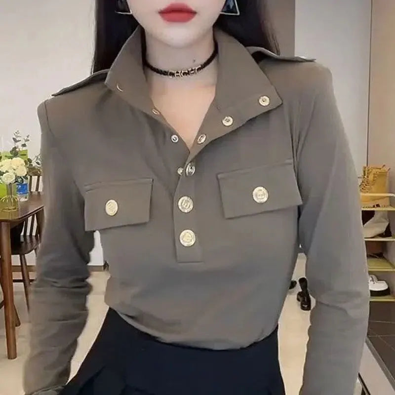 Fashion Epaulet Pullovers Casual Solid Color Spring Autumn Long Sleeve Turn-down Collar Button Shirt