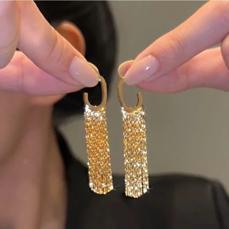 Square Blue Zircon Long Tassel Stud Earrings – Elegant Sparkle for Every Special Moment