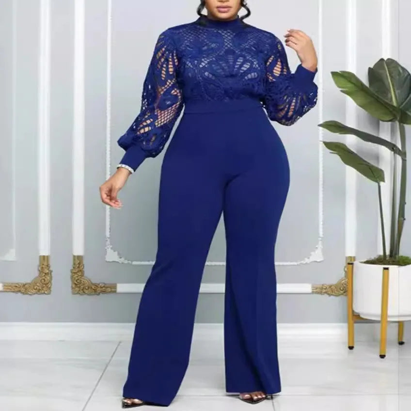 Plus Size Mesh Lace Casual Jumpsuit